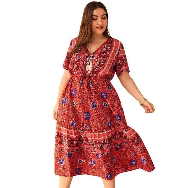 TIY Clothing Plus Size Women Bohemian Style Casual Short-sleeve Flower Print Midi Dress TIY