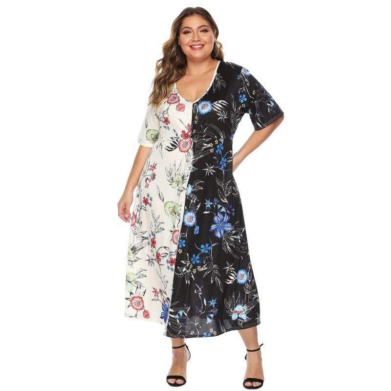 TIY Clothing Plus Size Women Color Blocking Flower Printed Short-sleeve Maxi Dress TIY