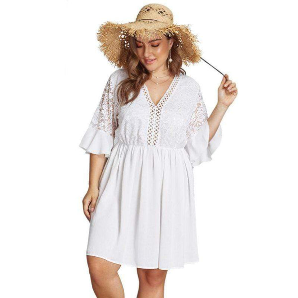 TIY Clothing Plus Size Women Elegant Plain Lace Flare Sleeve Casual Dress TIY