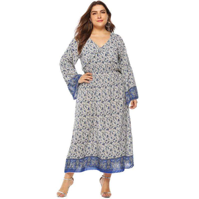 TIY Clothing Plus Size Women Ethnic Style Tiny Flower Print Long-sleeve Maxi Dress TIY