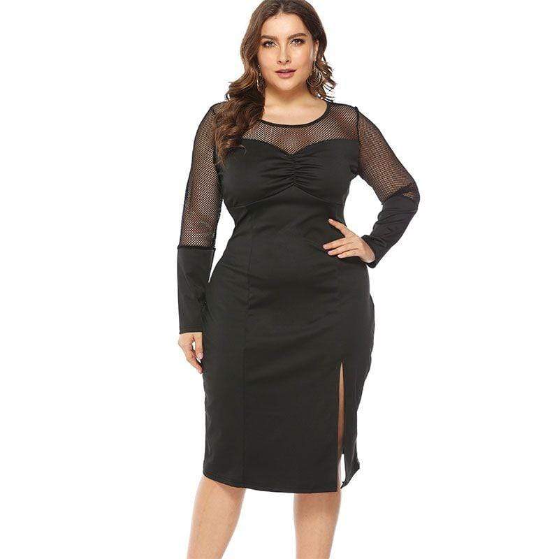 TIY Clothing Plus Size Women See-through Mesh Patchwork Side-slit Black Dress TIY