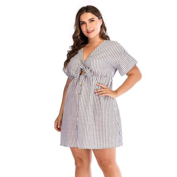 TIY Clothing Plus Size Women Short-sleeve Knotted Design V Neck Dress TIY