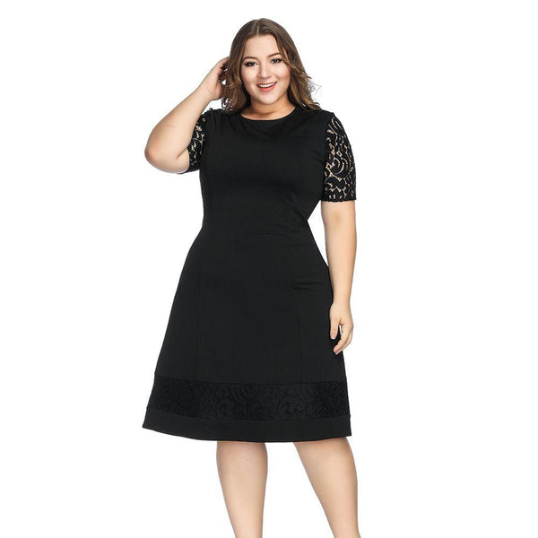 TIY Clothing Plus Size Women Solid Color Hollow Out Lace Short-sleeve Casual Dress TIY