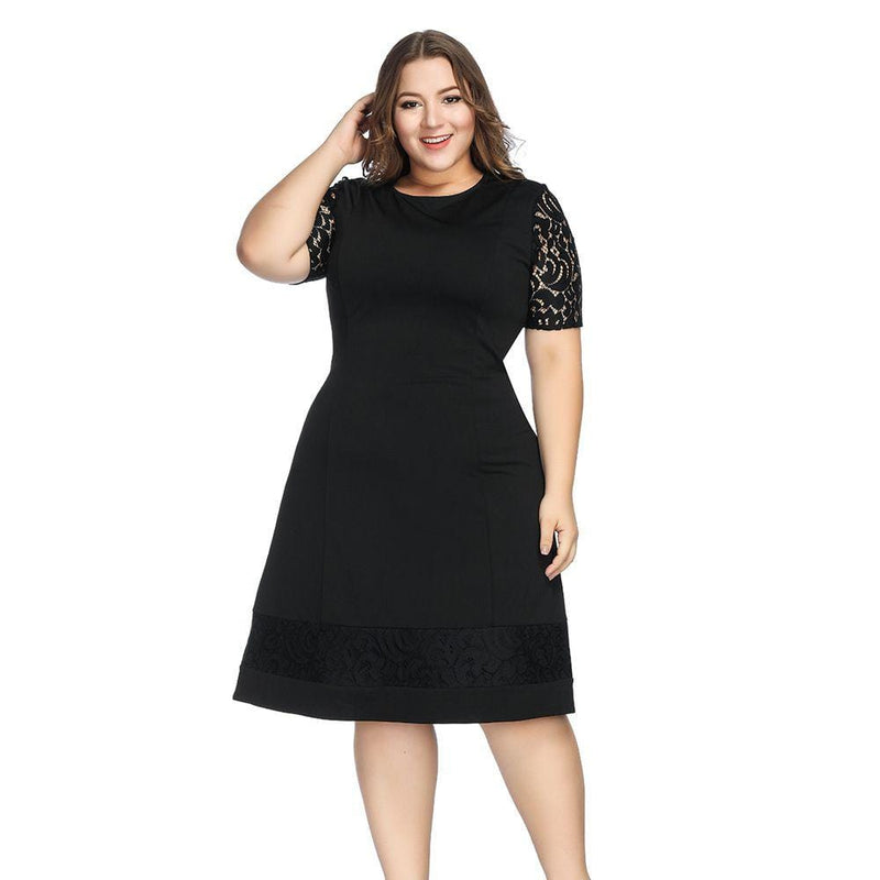 TIY Clothing Plus Size Women Solid Color Hollow Out Lace Short-sleeve Casual Dress TIY
