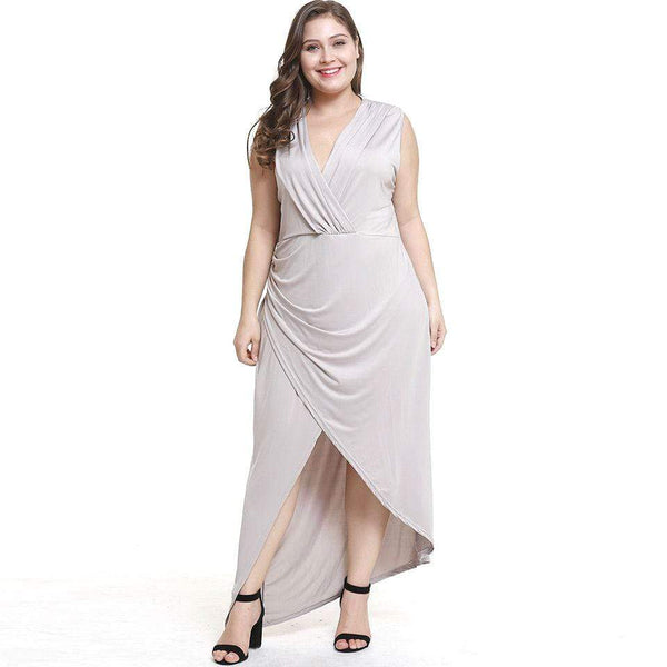 TIY Clothing Plus Size Women Solid Color Sleeveless Irregular Hemline V Neck Dress TIY
