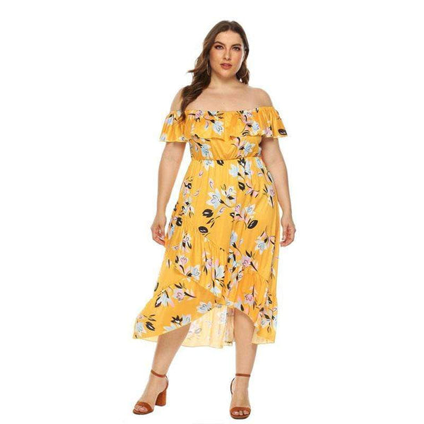 TIY Clothing Plus Size Women Sweet Flouncing Off-shoulder Irregular Hemline Dress TIY