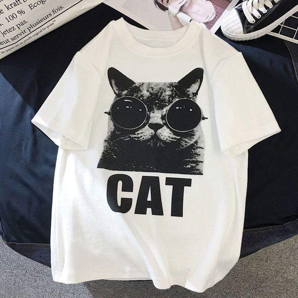 TIY Clothing Retro Style Women Loose Cat Print Short Sleeve T-shirt TIY