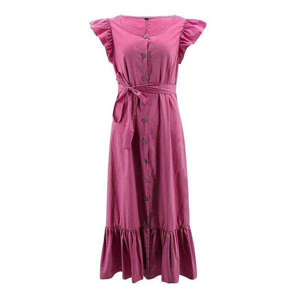 TIY Clothing Ruffled Cap Sleeve Women Solid Color Buttoned Flouncing Maxi Dress TIY