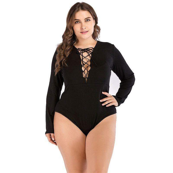 TIY Clothing Sexy Deep V Neck Lace-up Design Solid Color Long-sleeve Plus Size Bodysuits TIY