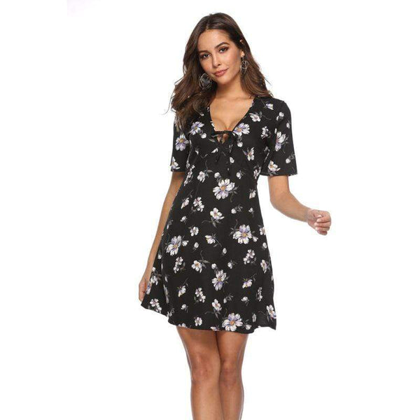 TIY Clothing Sexy Deep V Neck Short-sleeve Flower Printed Summer Dress TIY