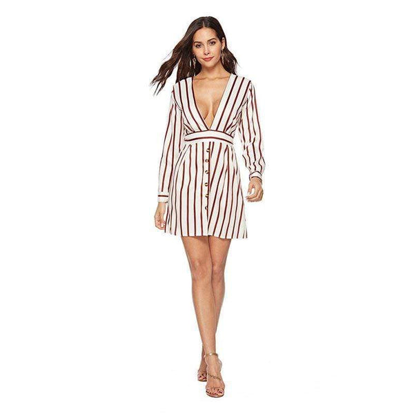 TIY Clothing Sexy Deep V Neck Single-breasted Stripe Print Long-sleeve Dress TIY