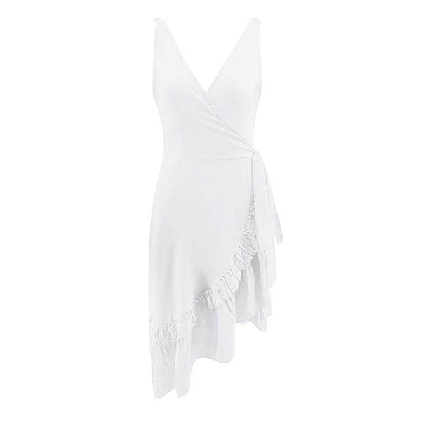TIY Clothing Sexy Deep V Neck Solid Color Flouncing Irregular Hemline Dress TIY