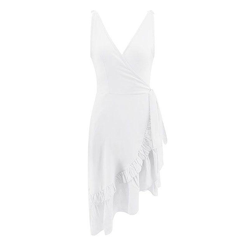 TIY Clothing Sexy Deep V Neck Solid Color Flouncing Irregular Hemline Dress TIY