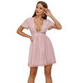 TIY Clothing Sexy Deep V Neck Solid Color Short-sleeve Tassel Hemline Dress TIY