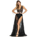 TIY Clothing Sexy High-cut Side-slit Women Deep V Neck Lace Party Dress TIY