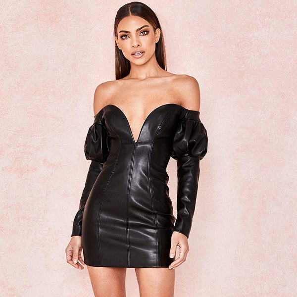 TIY Clothing Sexy Lady Black PU Fabric Off-shoulder V Neck Long-sleeve Mini Dress TIY