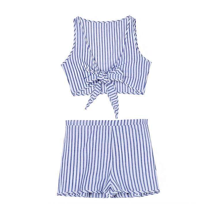 TIY Clothing Sexy Lady Low Cut Striped Tops+High-waisted Shorts 2Pcs/Set Suit TIY