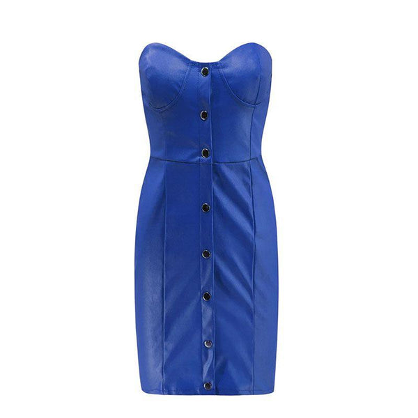 TIY Clothing Sexy Low Cut Strapless Women Single-breasted Solid Color PU Dress TIY