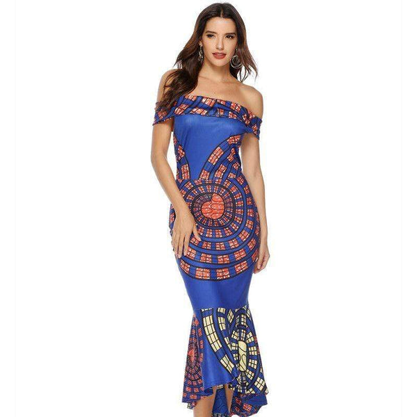 TIY Clothing Sexy Off-shoulder Short-sleeve Bright Color Fishtail Tight Dress TIY