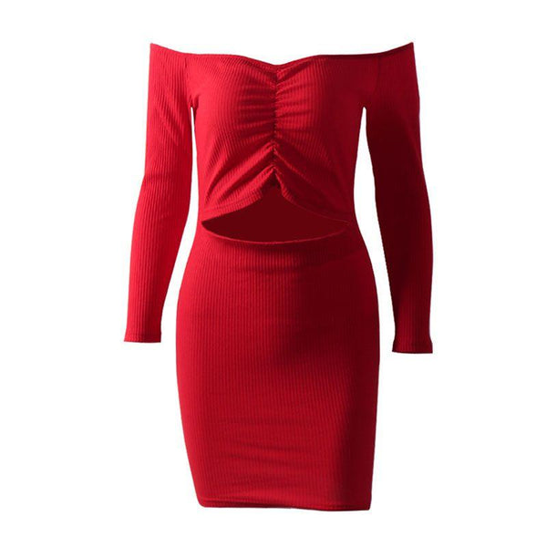 TIY Clothing Sexy Off-the-shoulder Long-sleeve Creased Women Tight Dress TIY