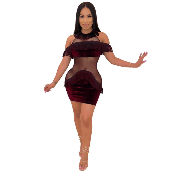TIY Clothing Sexy See-through Mesh Patchwork Cool-shoulder Solid Color Nightclub Dress TIY