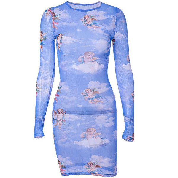 TIY Clothing Sexy See-through Sheer Fashion Fabric Angel Printed Tight Dress TIY