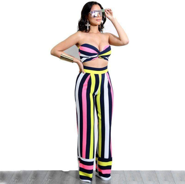 TIY Clothing Sexy Strapless Crossing Design Crop Top Stripes Print Pants Set TIY