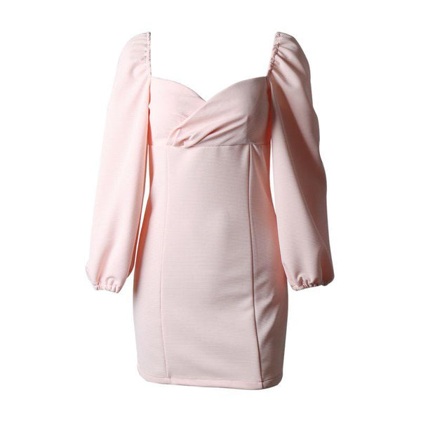 TIY Clothing Sexy V Neck Puff Sleeve Defined Waist Women Pink Tight Dress TIY