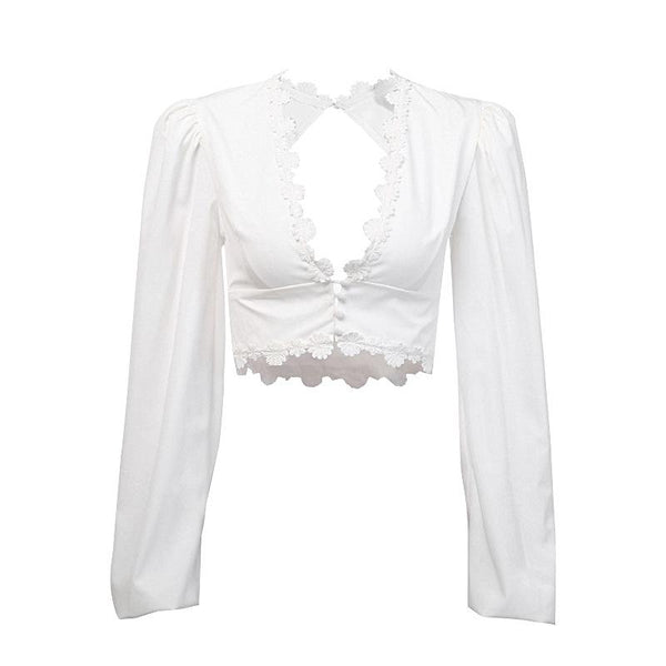 TIY Clothing Sexy V Neck Vintage Women Backless Flower Detailing Buttoned Long-sleeve Crop Top TIY