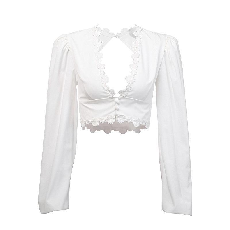TIY Clothing Sexy V Neck Vintage Women Backless Flower Detailing Buttoned Long-sleeve Crop Top TIY