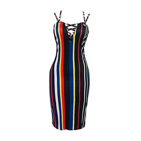 TIY Clothing Sexy Women Classic Multicolor Stripes Printed V Neck Tight Dress TIY