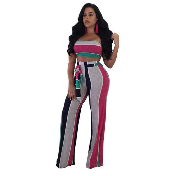 TIY Clothing Sexy Women Color Blocking Design Tube Top Wide-leg Pants Two-piece Set TIY