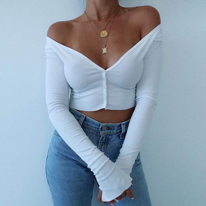 TIY Clothing Sexy Women Deep V Neck Long-sleeve Buttoned Crop Top TIY