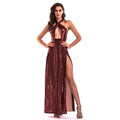 TIY Clothing Sexy Women Hollow Halter Design Solid Color Sequin Evening Party Maxi Dress TIY