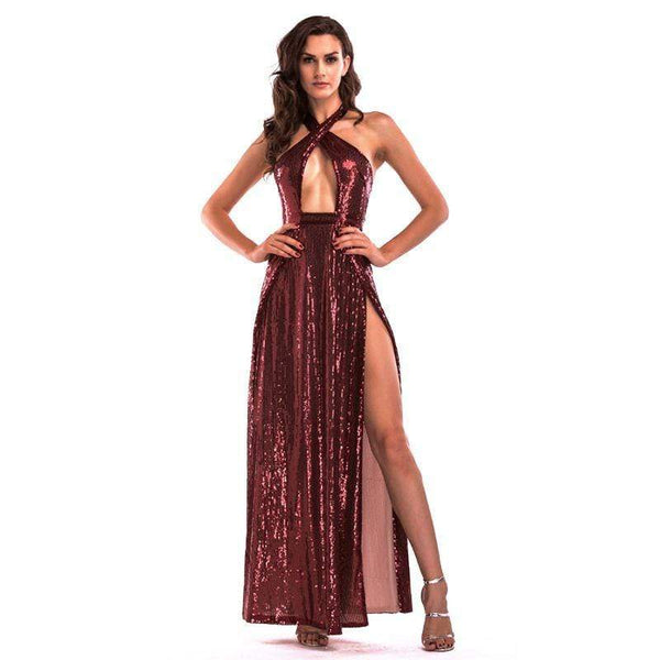 TIY Clothing Sexy Women Hollow Halter Design Solid Color Sequin Evening Party Maxi Dress TIY