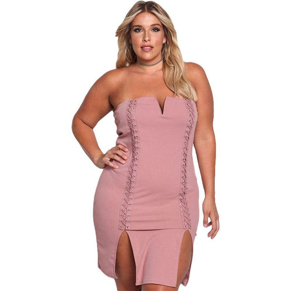 TIY Clothing Sexy Women Lace-up Design Solid Color Side Slit Tight Tube Dress TIY