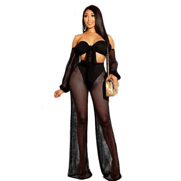 TIY Clothing Sexy Women Off-shoulder Self Tie Cropped Top See-through Mesh Pants Two-piece Set TIY