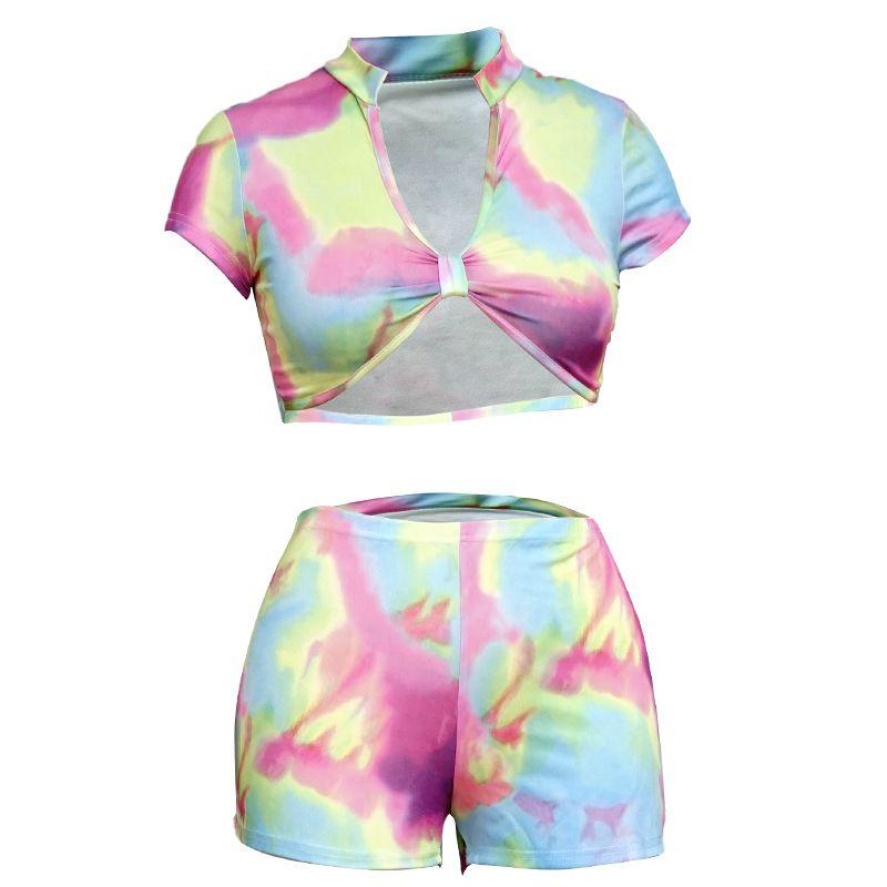 TIY Clothing Sexy Women Short-sleeve Cropped Top Tight Shorts Unique Tie-dye Two-piece Set TIY