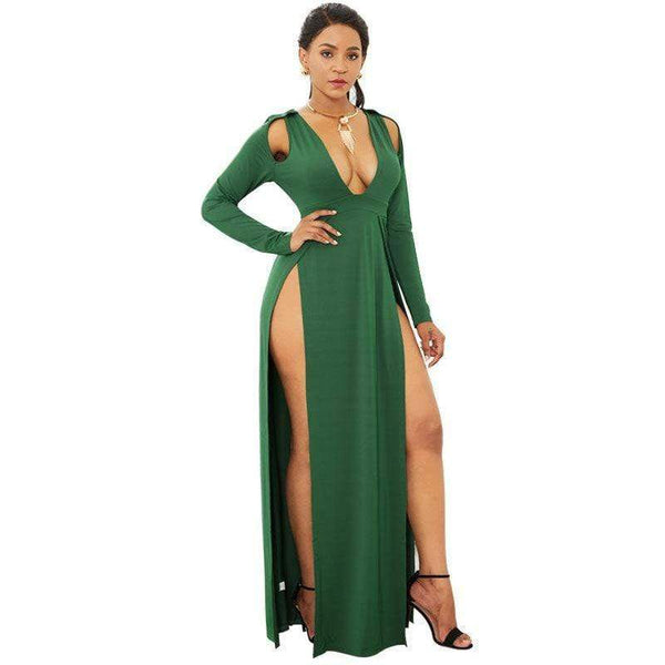 TIY Clothing Sexy Women Solid Color Cut-out Design Long Sleeves V Neck Maxi Dress TIY