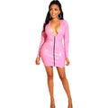 TIY Clothing Sexy Women Solid Color Long-sleeve Zipper Pattern V Neck PU Tight Dress TIY