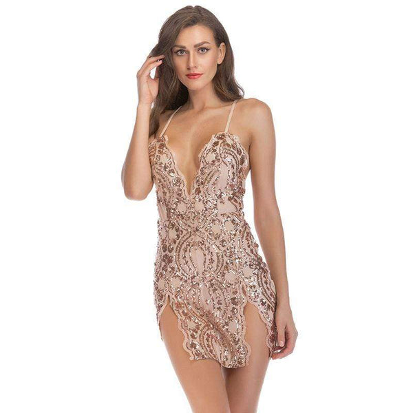 TIY Clothing Sexy Women Solid Color Side-slit Pattern Party Sequin Mini Dress TIY