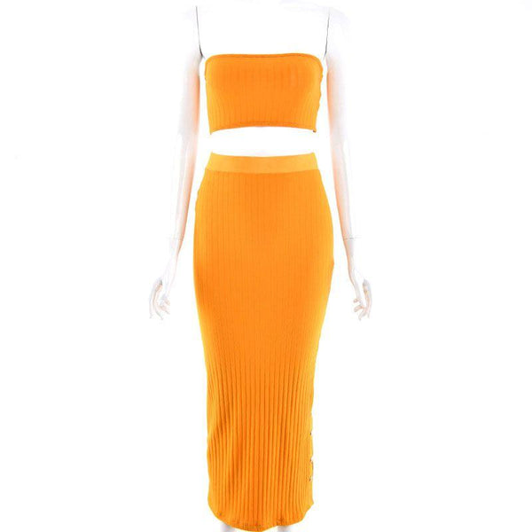 TIY Clothing Sexy Women Solid Color Tube Top Side-slit Tight Dress Set TIY