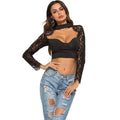 TIY Clothing Sexy Women Solid Color White Black Lace Low Cut Long Sleeves Crop Top TIY