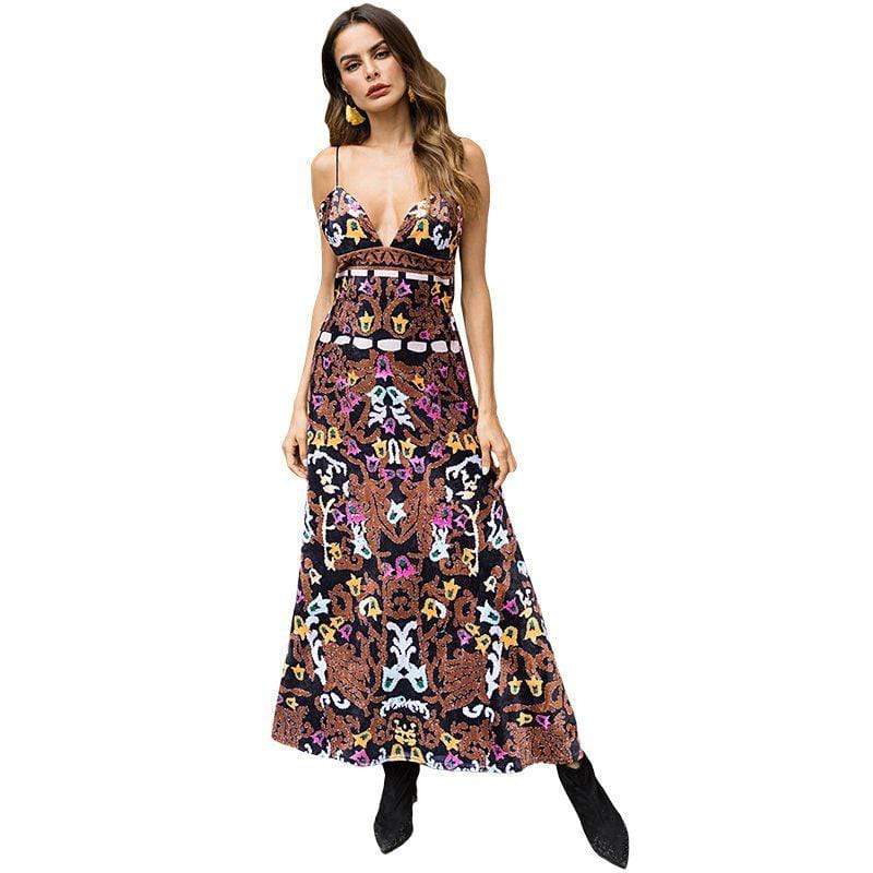 TIY Clothing Sexy Women Winter New Arrival Floral Printed Low Cut Slip Long Dress TIY