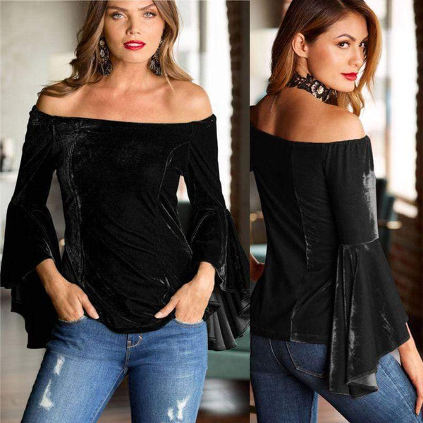 TIY Clothing Sexy Young Women Off-shoulder Design Solid Color Flare Sleeves Velvet Blouse TIY