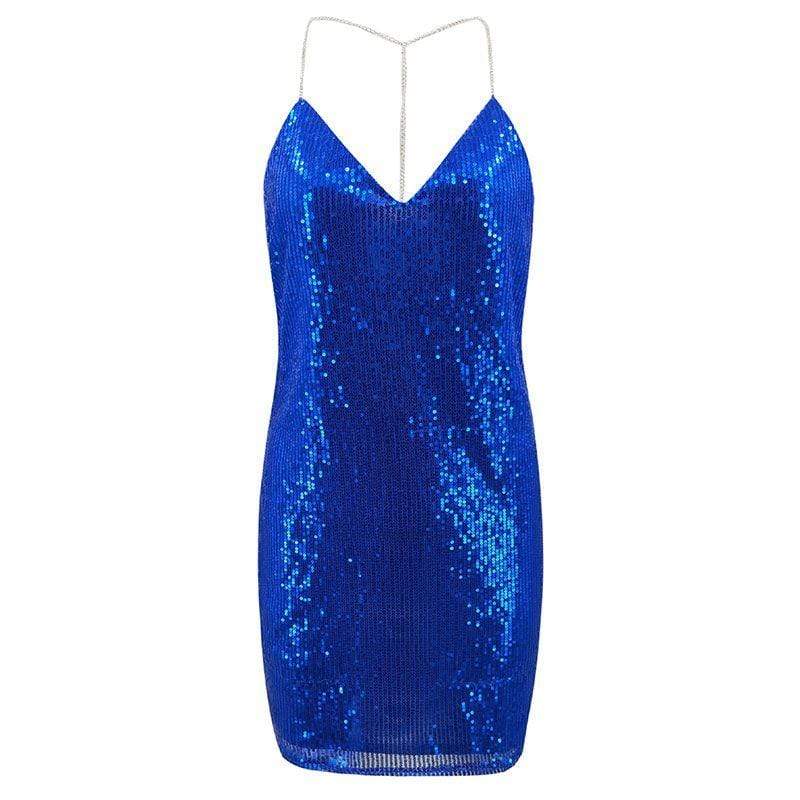 TIY Clothing Shiny Sequin Design Women Unique Alloy Chain Strap Backless Nightclub Party Dress TIY