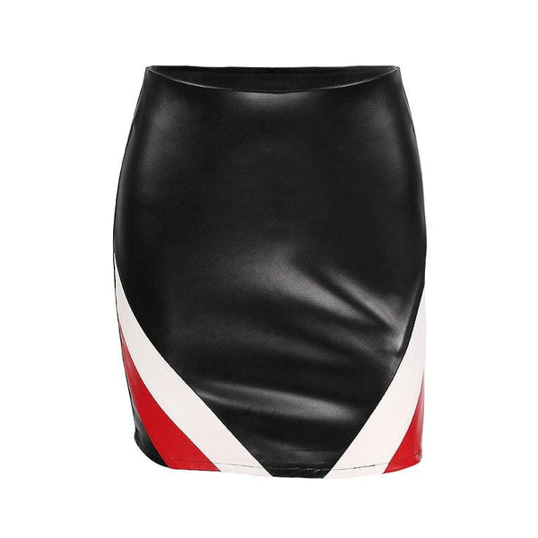 TIY Clothing Simple Punk Style Color Blocking Style Women PU Mini Skirt TIY
