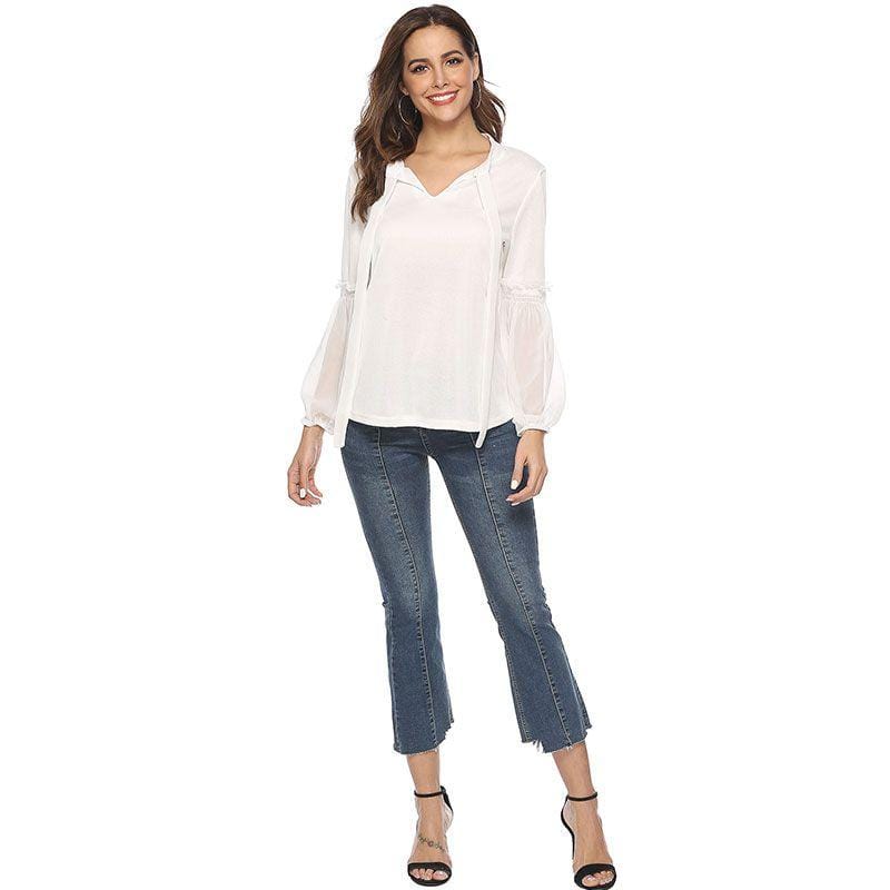TIY Clothing Simple Solid Color Long Sleeve V Neck Ribbon Blouse TIY