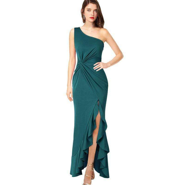 TIY Clothing Solid Color Asymmetric One-shoulder Side-slit Flouncing Hem Party Maxi Dress TIY