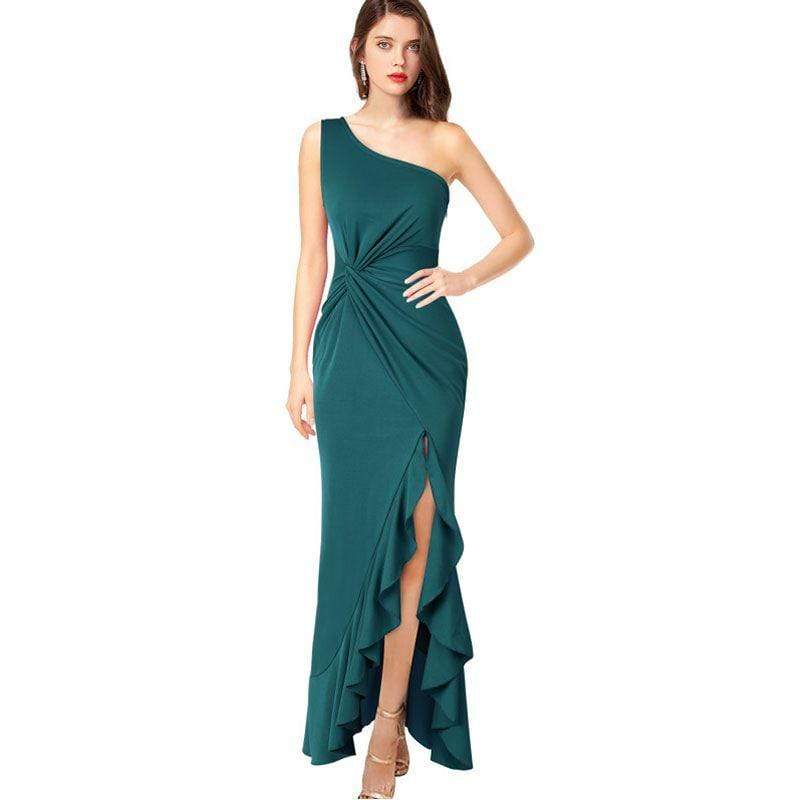 TIY Clothing Solid Color Asymmetric One-shoulder Side-slit Flouncing Hem Party Maxi Dress TIY